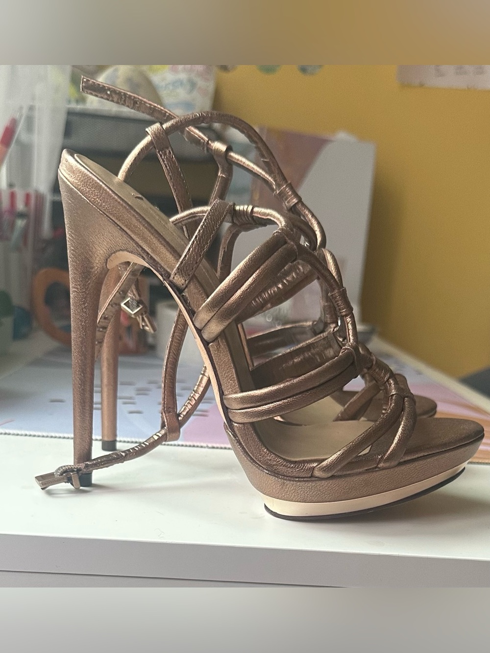 BCBG Bronze Strappy Platform Stilettos